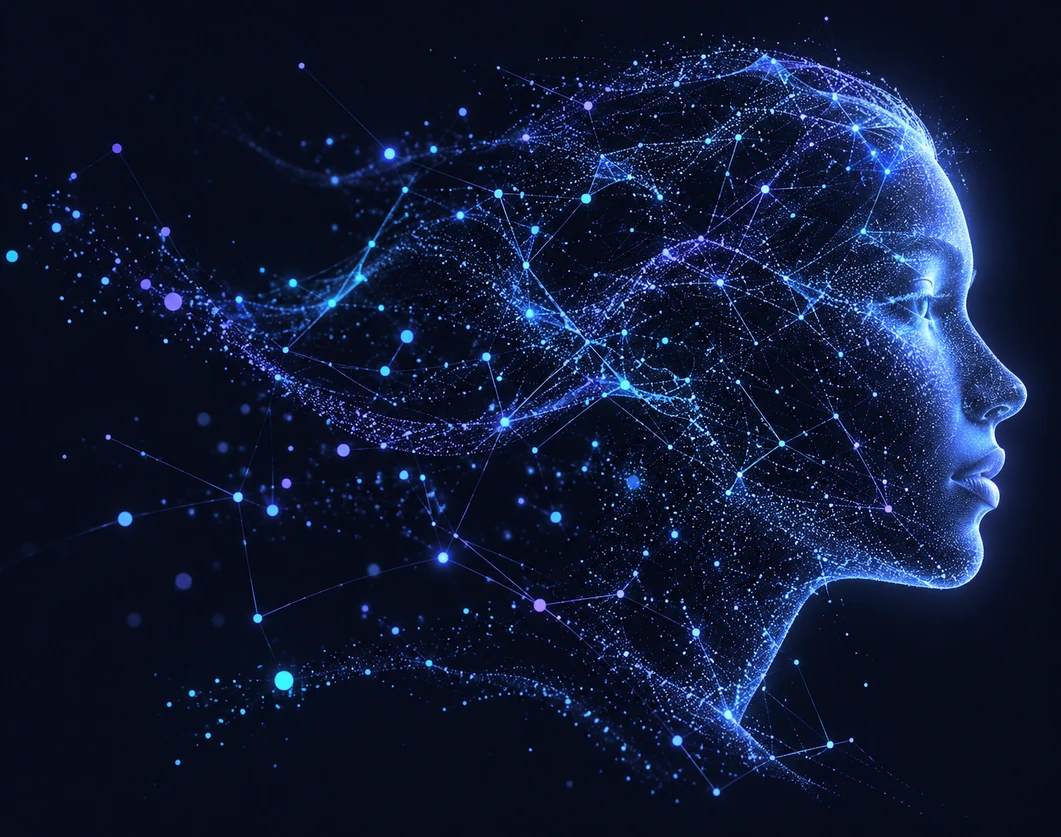 Ritratto digitale blu di intelligenza artificiale composto da connessioni di dati sulla tecnologia finanziaria